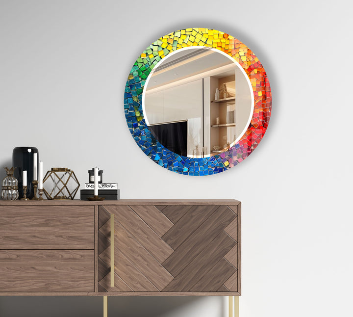 Rainbow Glass Mosaic Mirror – Vibrant Round Accent for Wall Decor
