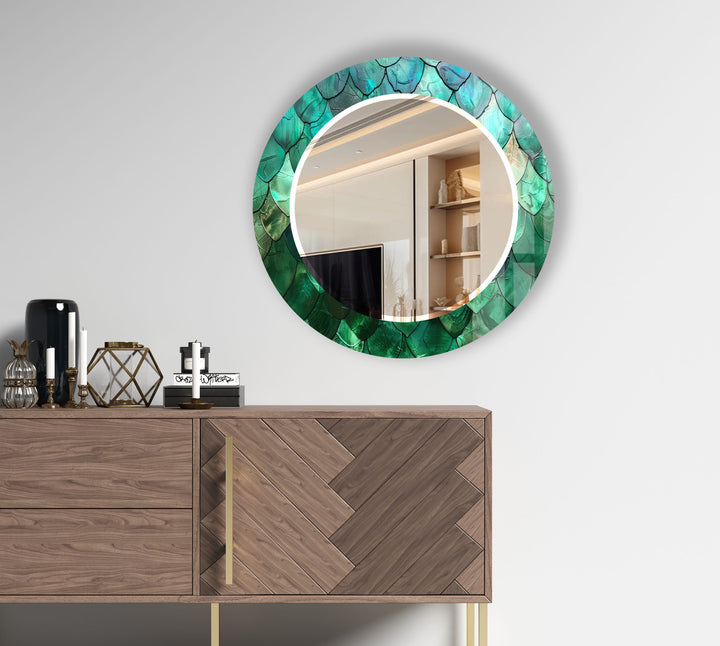 Green Mosaic Round Mirror – Leaf Texture Frame for Natural Decor