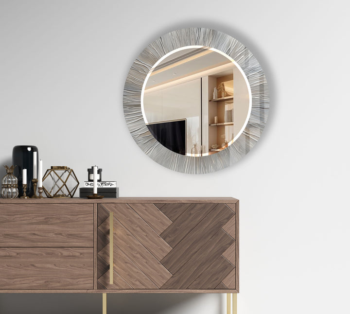 Silver Burst Round Wall Mirror – Textured Frame for Elegant Modern Decor
