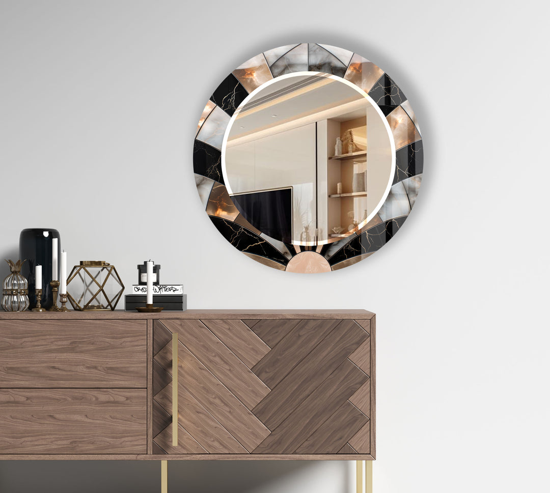 Black Marble Round Wall Mirror – Elegant Sunburst Frame Accent