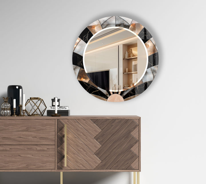 Black Marble Round Wall Mirror – Elegant Sunburst Frame Accent