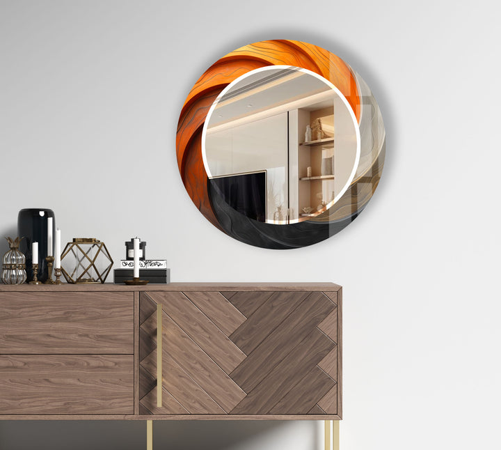 Modern Ombre Swirl Round Wall Mirror – Orange Black Frame for Contemporary Decor