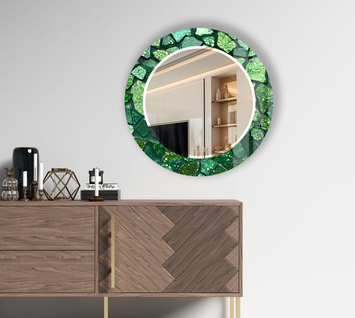 Emerald Mosaic Round Mirror – Green Gem Frame for Modern Wall Decor