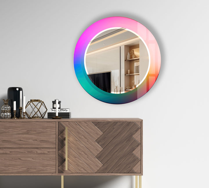 Gradient Rainbow Round Mirror – Pink Turquoise Frame for Decor