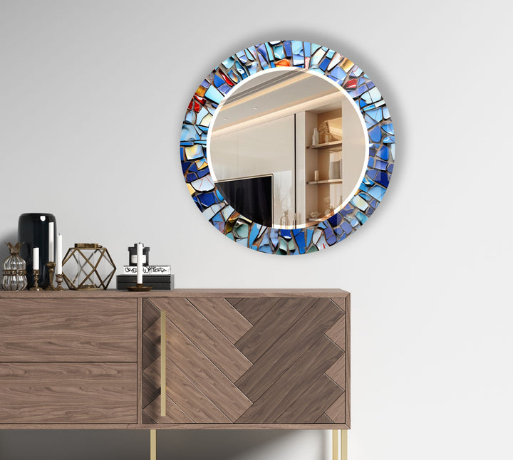 Blue Mosaic Round Mirror – Artistic Frame for Modern Wall Decor
