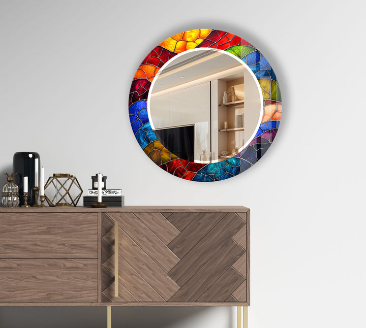 Colorful Stained Glass Round Mirror – Mosaic Frame Wall Accent