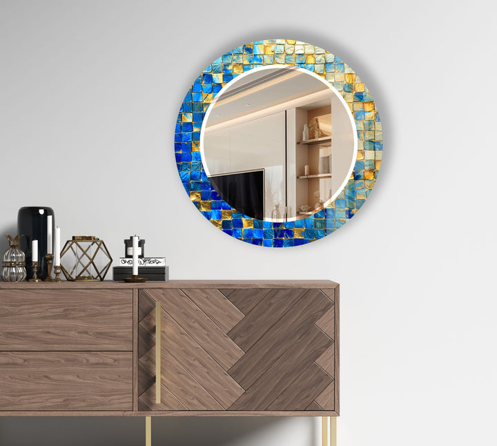 Blue & Gold Mosaic Round Mirror – Elegant Wall Accent for Homes