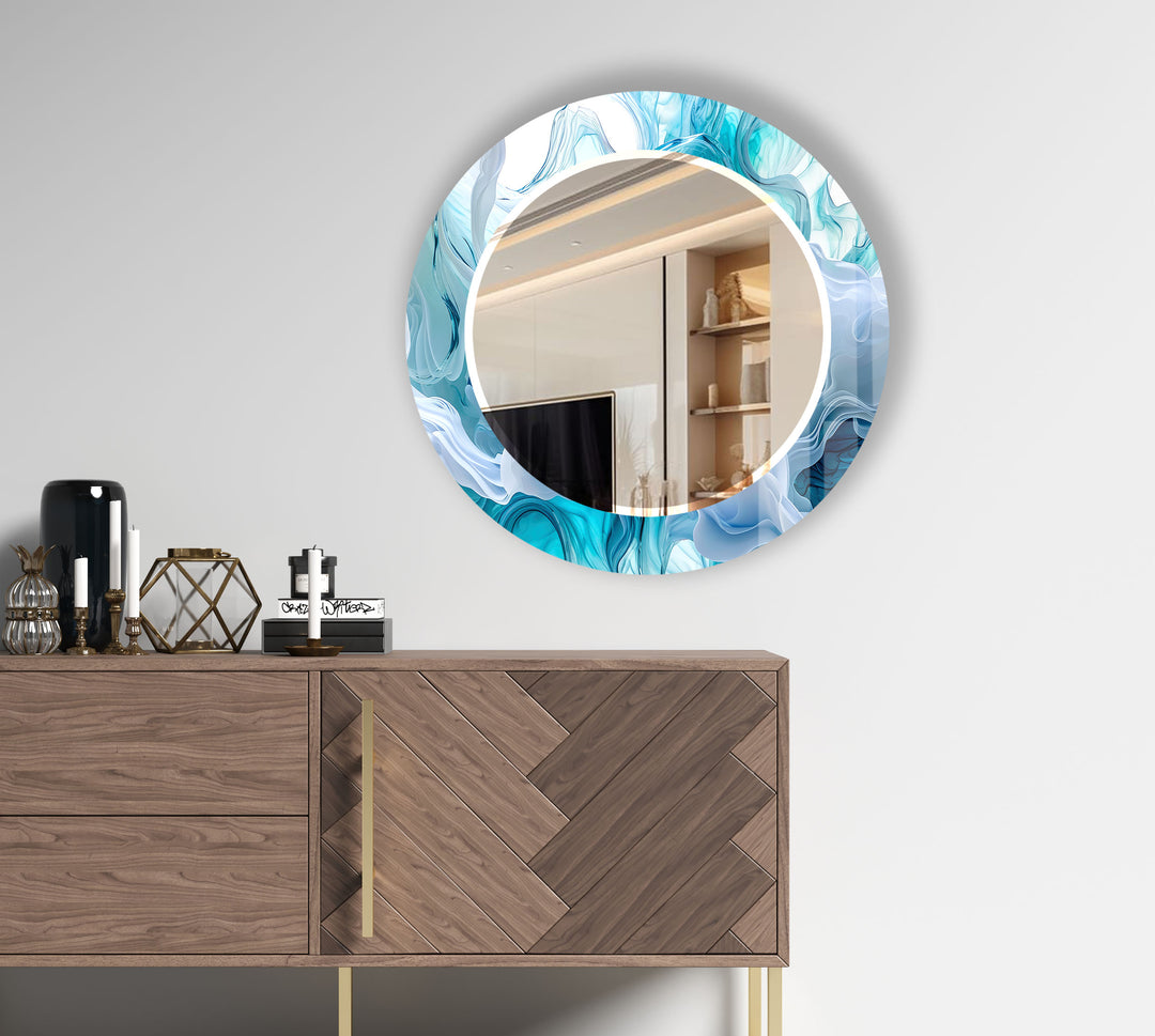 Aqua Blue Swirl Round Wall Mirror – Ocean-Inspired Glass Frame for Coastal Home Decor