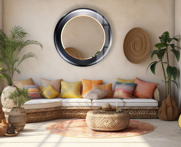 Modern Round Glass Wall Mirror – Sleek Black Frame, Minimalist Living Room Accent