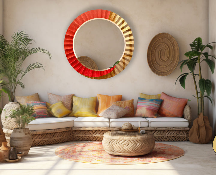 Sunburst Ombre Round Wall Mirror – Red & Gold Frame for Modern Decor