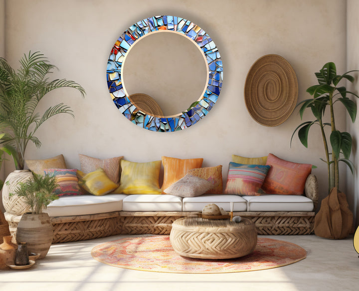 Blue Mosaic Round Mirror – Artistic Frame for Modern Wall Decor