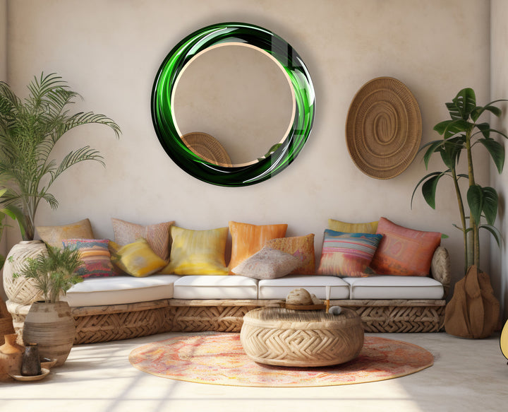 Green Swirl Round Mirror – Bold Glass Frame for Modern Wall Decor