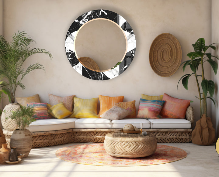 Black & White Marble Round Mirror – Elegant Modern Wall Accent