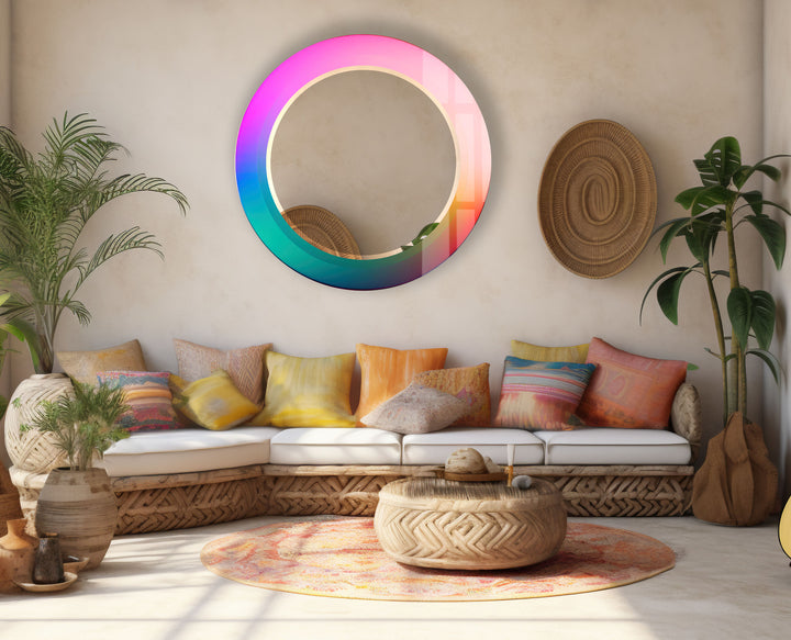 Gradient Rainbow Round Mirror – Pink Turquoise Frame for Decor