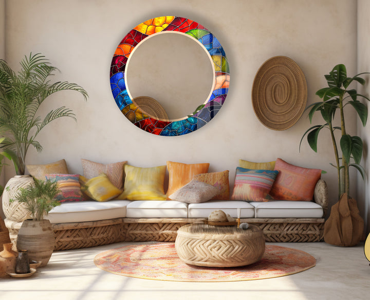 Colorful Stained Glass Round Mirror – Mosaic Frame Wall Accent