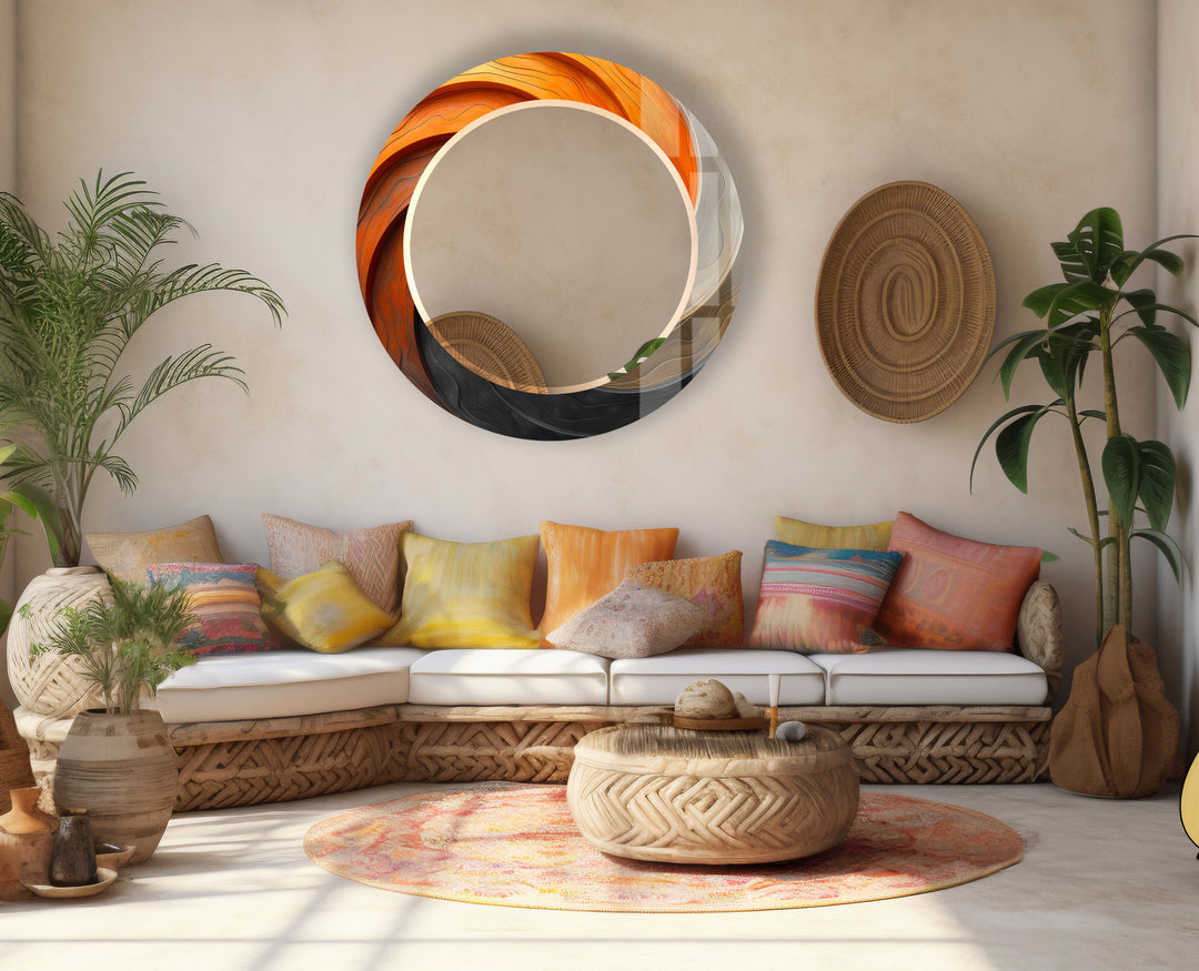 Modern Ombre Swirl Round Wall Mirror – Orange Black Frame for Contemporary Decor