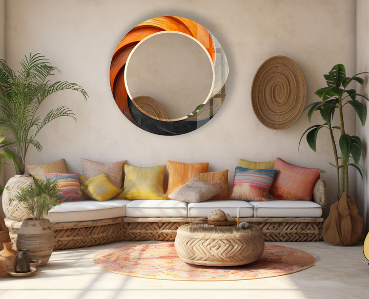 Modern Ombre Swirl Round Wall Mirror – Orange Black Frame for Contemporary Decor