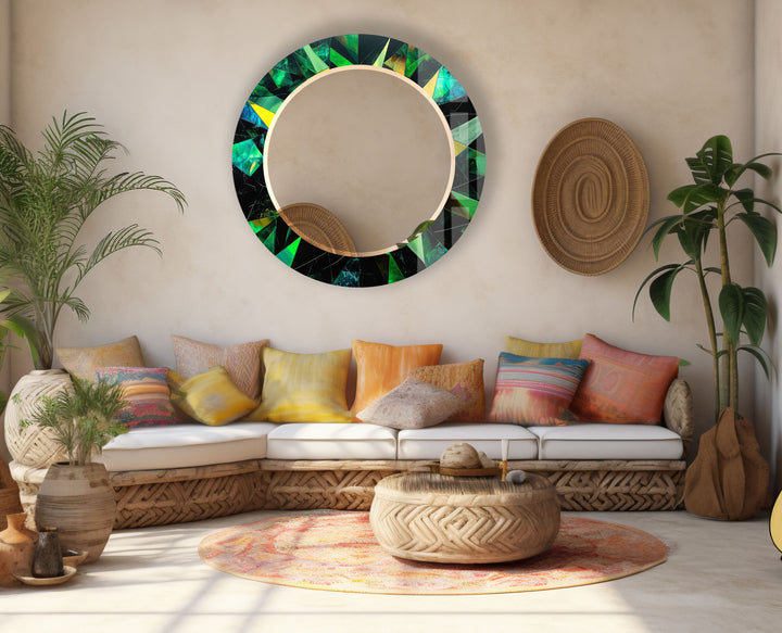 Emerald Geometric Round Mirror – Green Faceted Frame Wall Decor