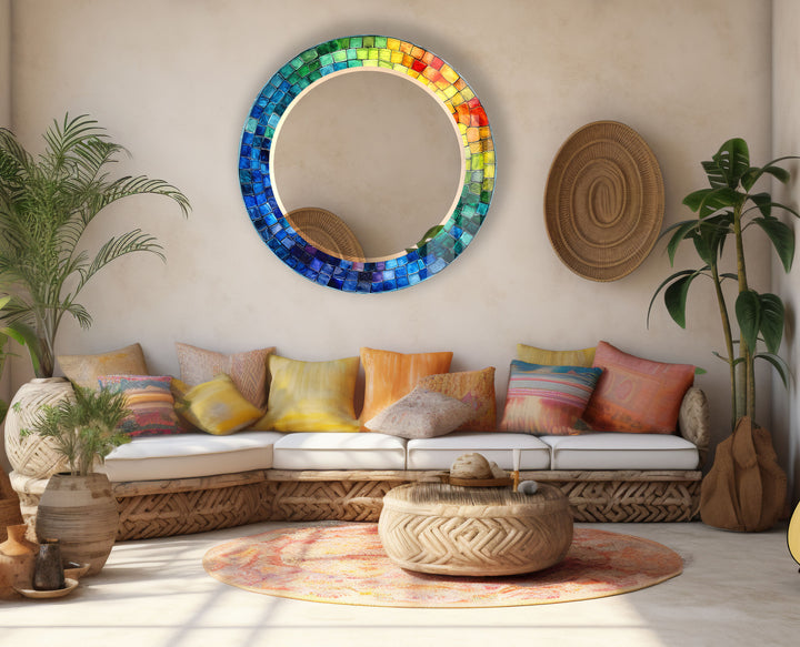 Rainbow Mosaic Glass Wall Mirror – Vibrant Round Frame Accent