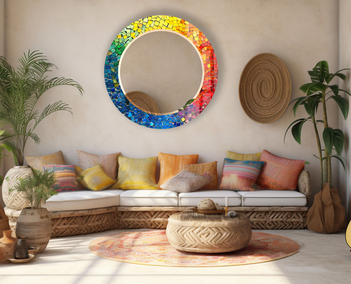 Rainbow Glass Mosaic Mirror – Vibrant Round Accent for Wall Decor