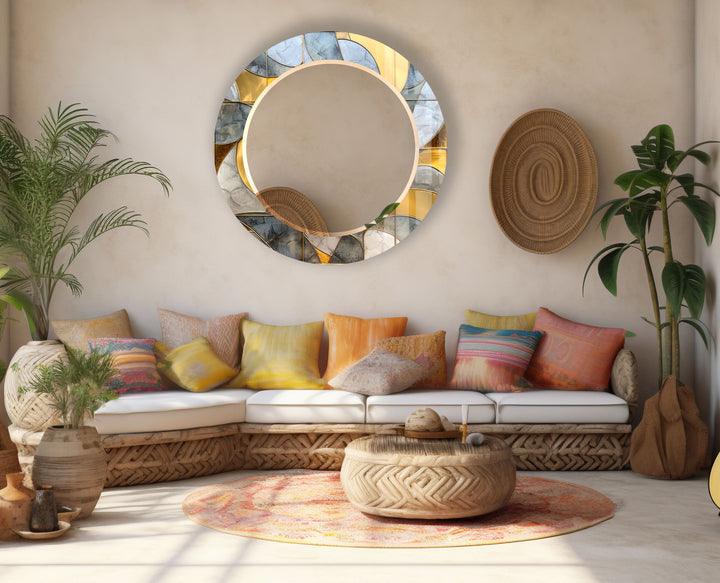 Gold & Blue Round Wall Mirror – Abstract Glass Frame for Decor