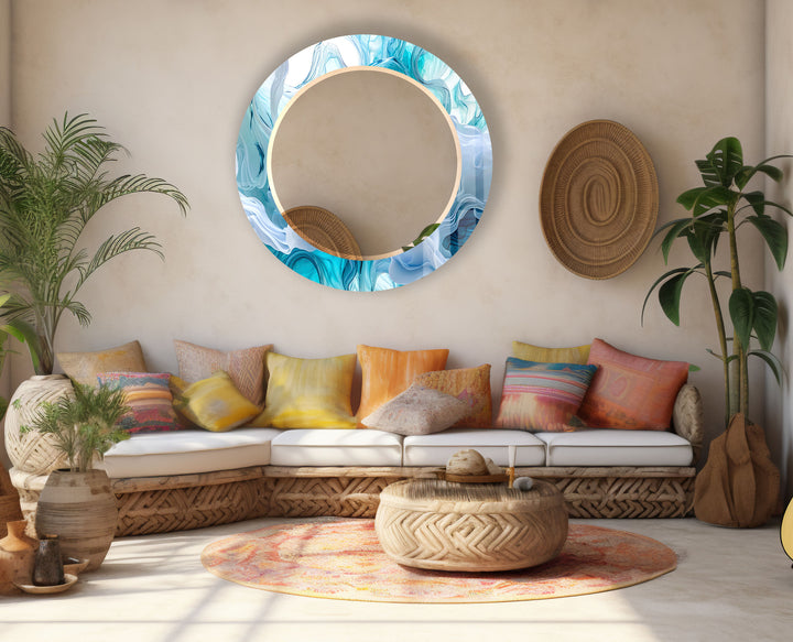 Aqua Blue Swirl Round Wall Mirror – Ocean-Inspired Glass Frame for Coastal Home Decor