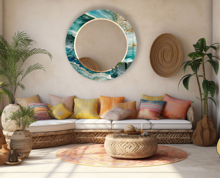 Green Agate Round Wall Mirror – Gemstone Pattern Glass Frame for Boho Interiors