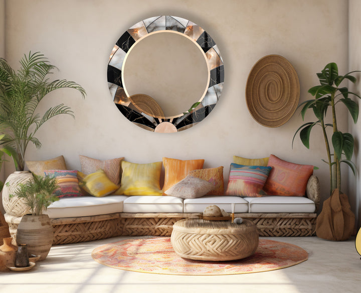 Black Marble Round Wall Mirror – Elegant Sunburst Frame Accent