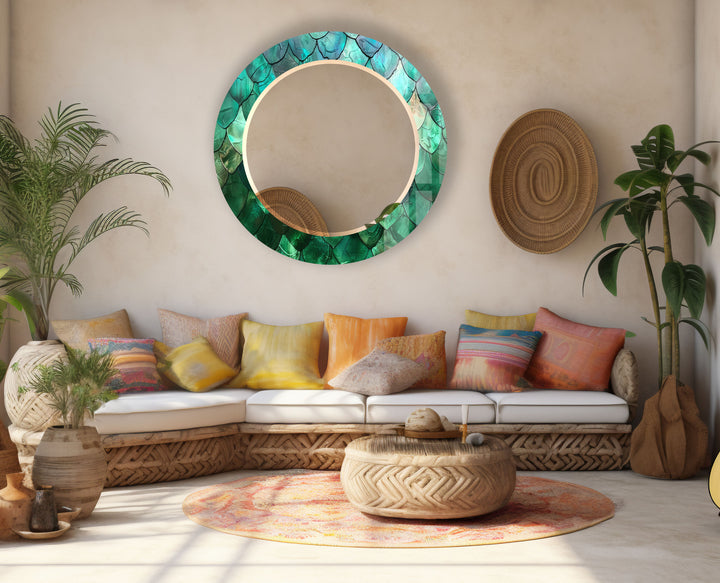 Green Mosaic Round Mirror – Leaf Texture Frame for Natural Decor