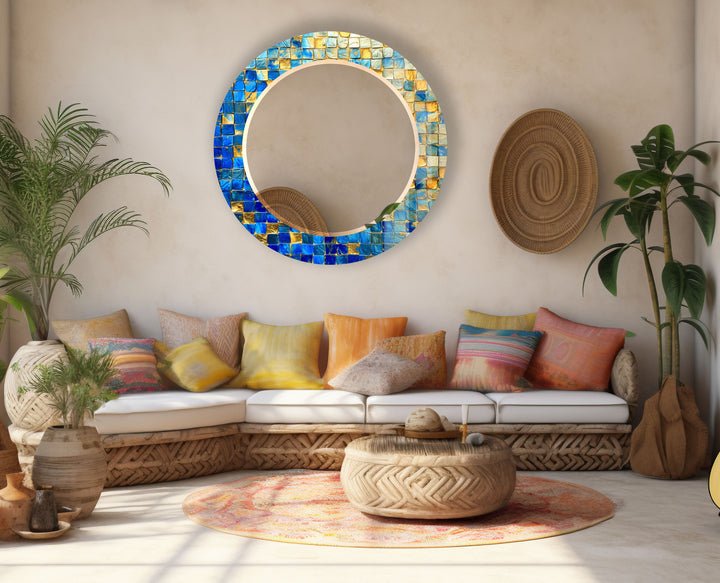 Blue & Gold Mosaic Round Mirror – Elegant Wall Accent for Homes