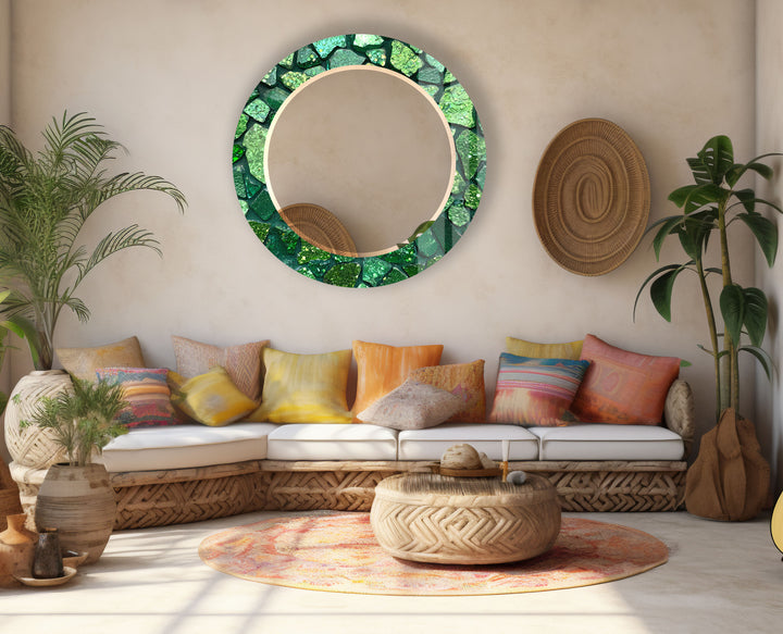 Emerald Mosaic Round Mirror – Green Gem Frame for Modern Wall Decor