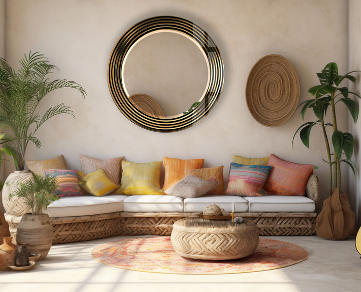 Modern Round Wall Mirror with Gold Striped Frame – Elegant Glass Decor for Living Room