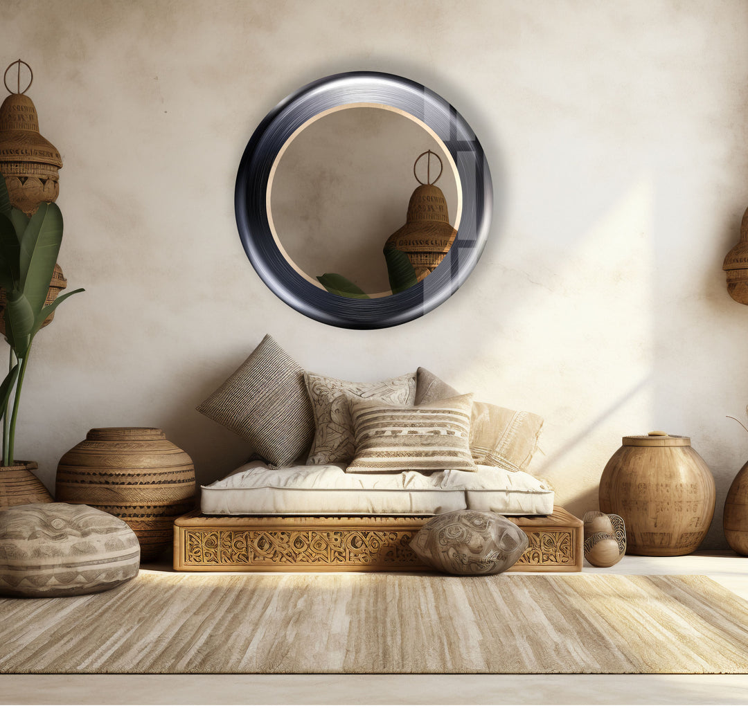 Modern Round Glass Wall Mirror – Sleek Black Frame, Minimalist Living Room Accent