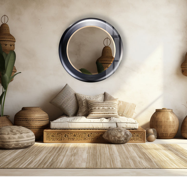 Modern Round Glass Wall Mirror – Sleek Black Frame, Minimalist Living Room Accent