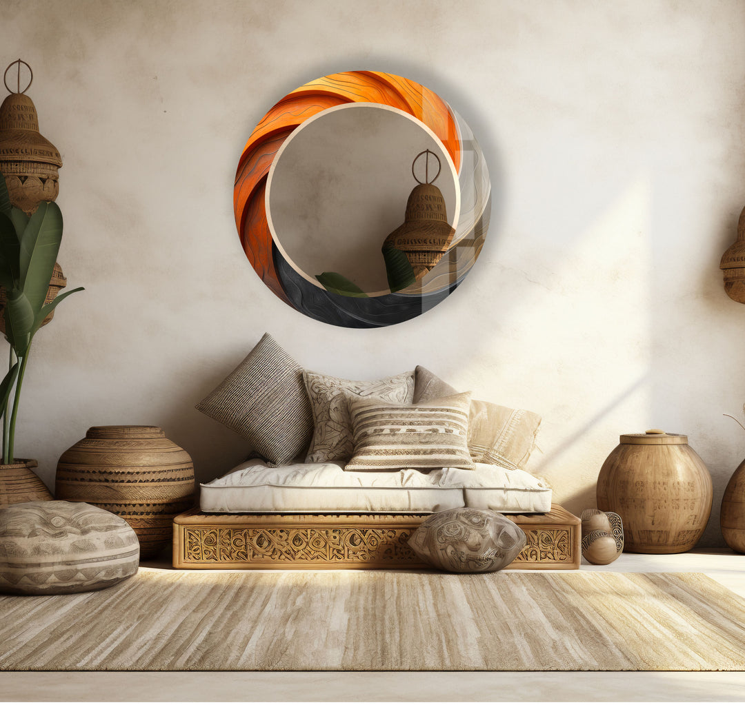 Modern Ombre Swirl Round Wall Mirror – Orange Black Frame for Contemporary Decor