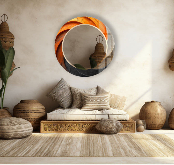 Modern Ombre Swirl Round Wall Mirror – Orange Black Frame for Contemporary Decor