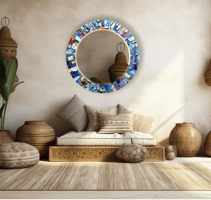 Blue Mosaic Round Mirror – Artistic Frame for Modern Wall Decor