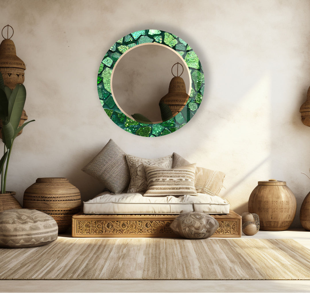 Emerald Mosaic Round Mirror – Green Gem Frame for Modern Wall Decor