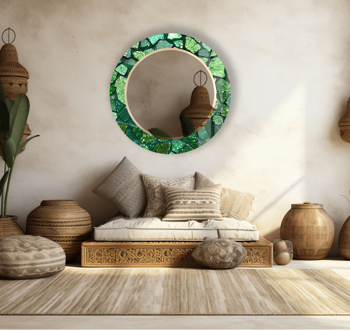 Emerald Mosaic Round Mirror – Green Gem Frame for Modern Wall Decor