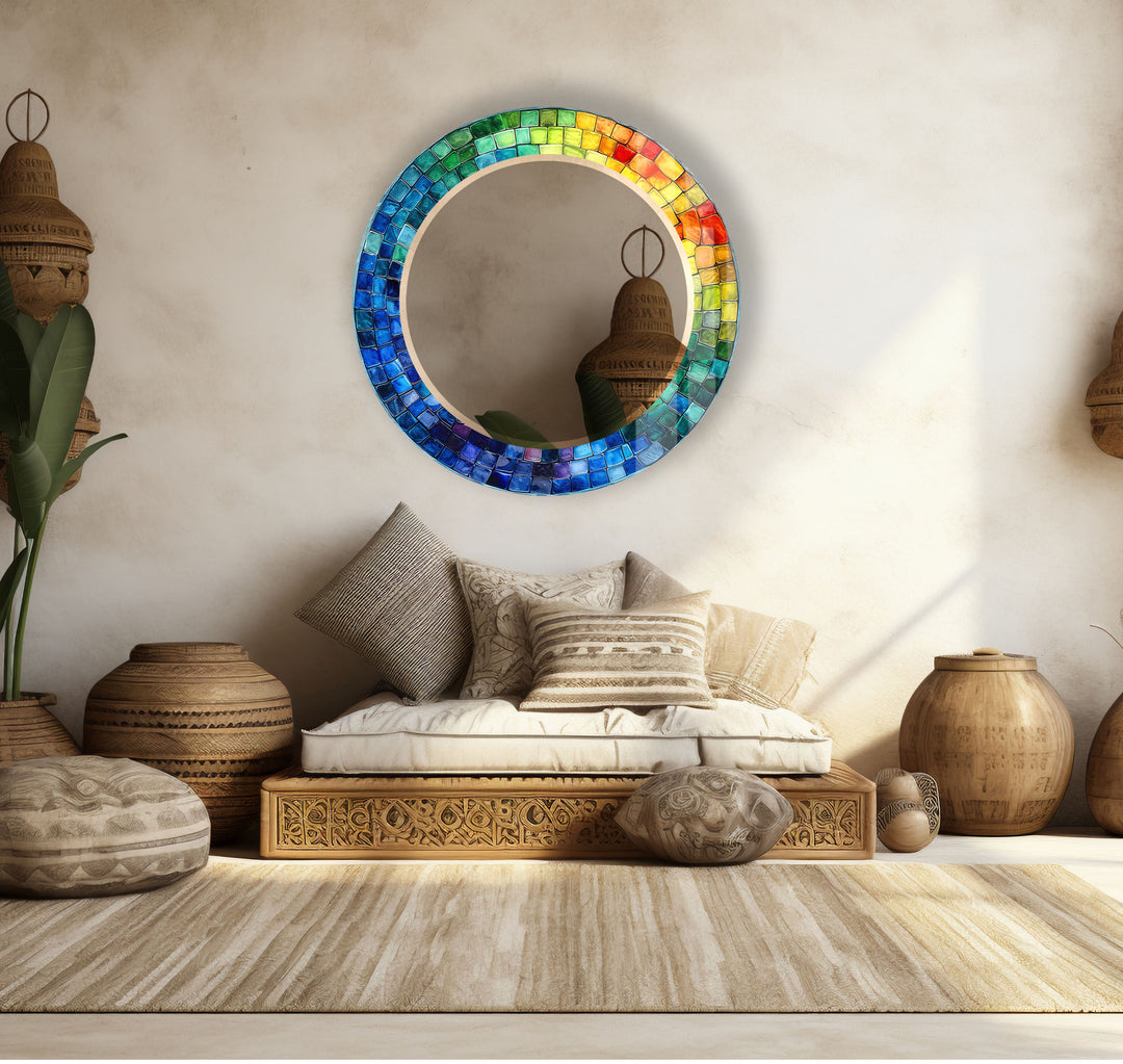 Rainbow Mosaic Glass Wall Mirror – Vibrant Round Frame Accent