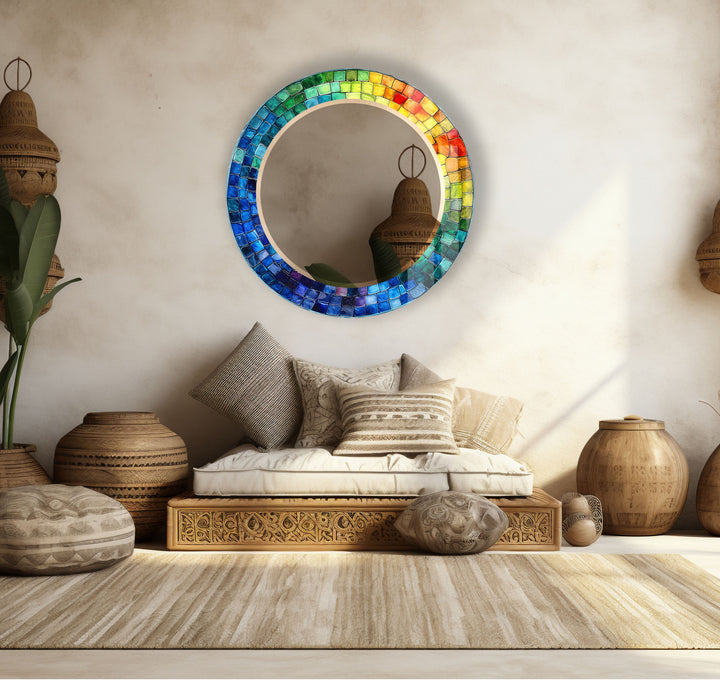 Rainbow Mosaic Glass Wall Mirror – Vibrant Round Frame Accent