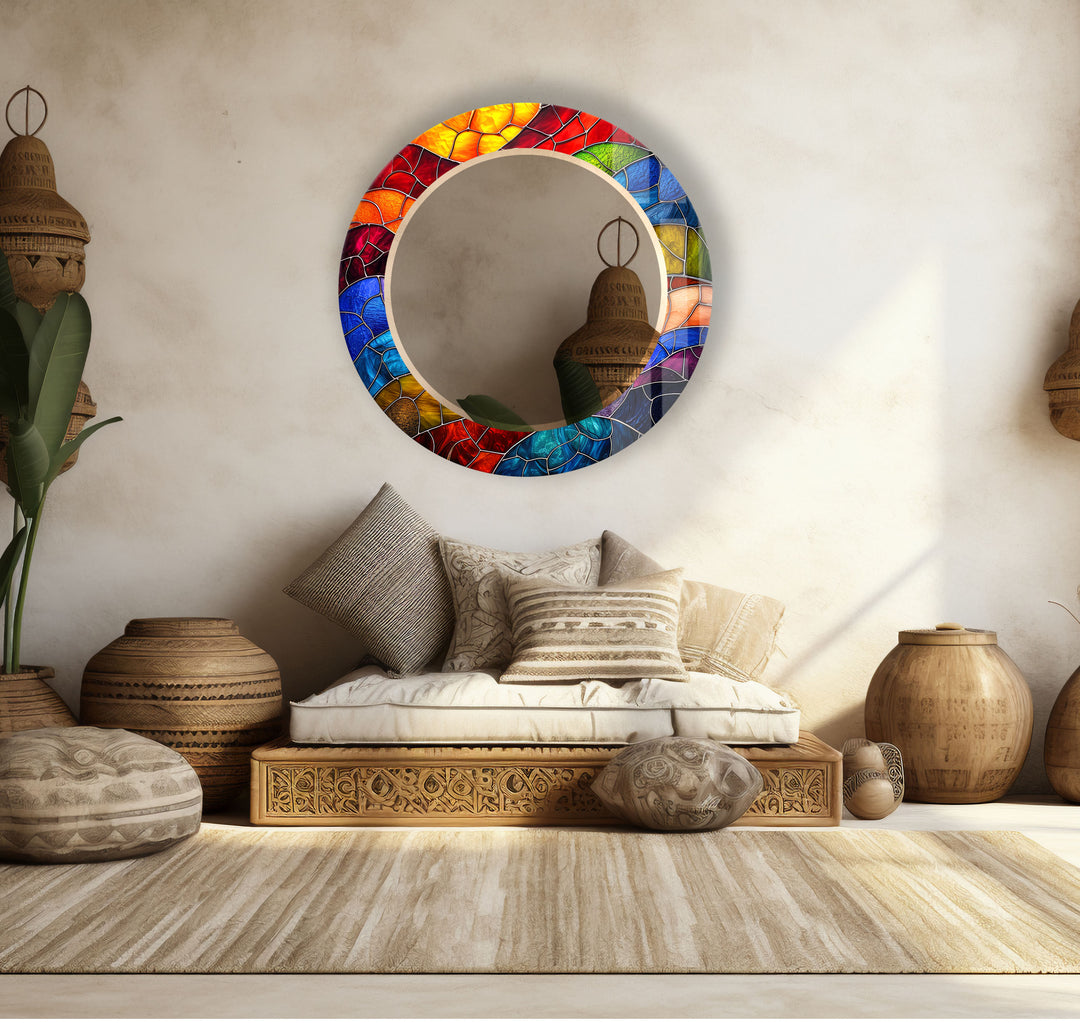 Colorful Stained Glass Round Mirror – Mosaic Frame Wall Accent
