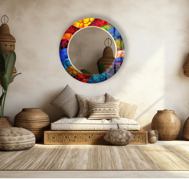Colorful Stained Glass Round Mirror – Mosaic Frame Wall Accent