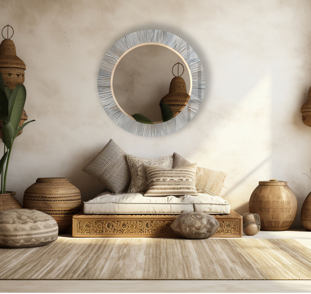 Silver Burst Round Wall Mirror – Textured Frame for Elegant Modern Decor