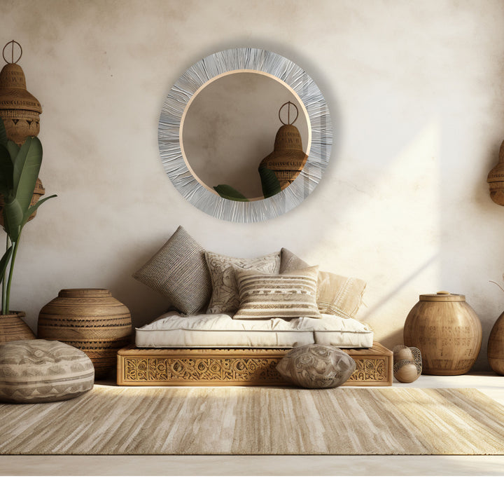 Silver Burst Round Wall Mirror – Textured Frame for Elegant Modern Decor