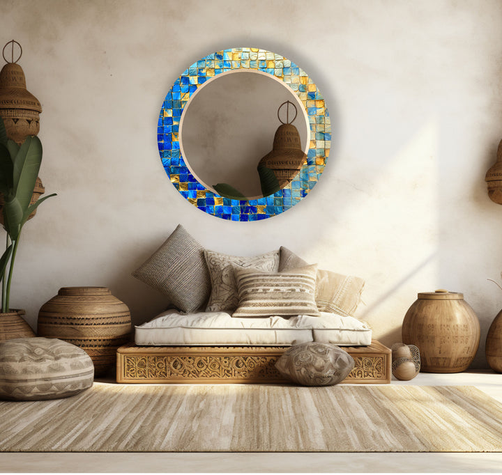 Blue & Gold Mosaic Round Mirror – Elegant Wall Accent for Homes