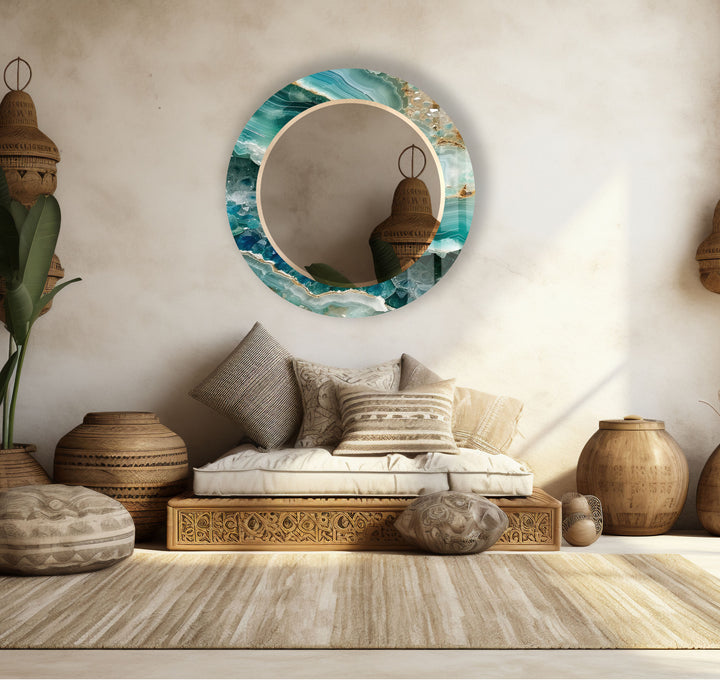 Green Agate Round Wall Mirror – Gemstone Pattern Glass Frame for Boho Interiors