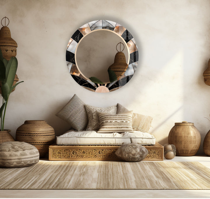 Black Marble Round Wall Mirror – Elegant Sunburst Frame Accent