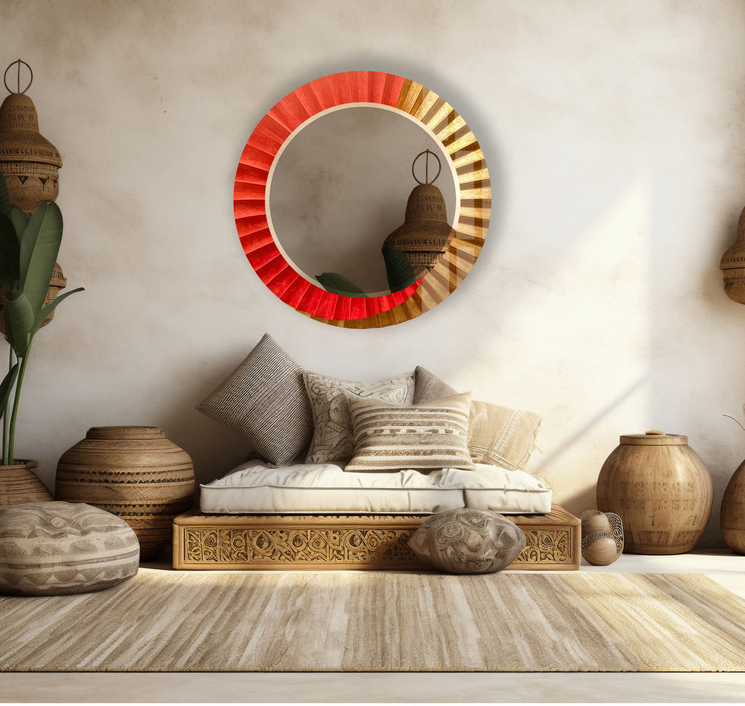 Sunburst Ombre Round Wall Mirror – Red & Gold Frame for Modern Decor