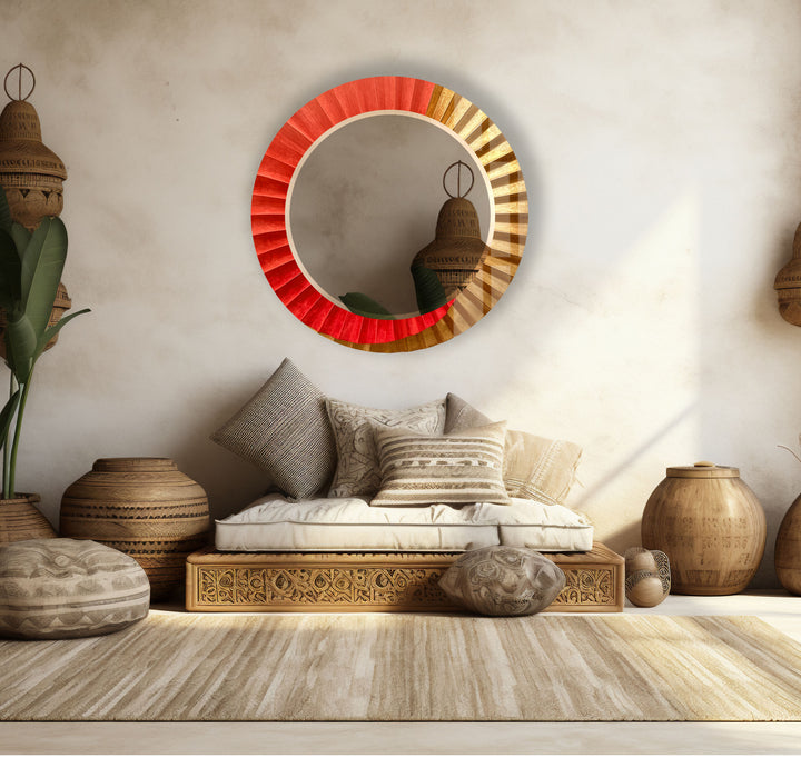 Sunburst Ombre Round Wall Mirror – Red & Gold Frame for Modern Decor